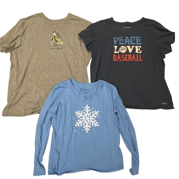 Life Is Good Tops - Life is Good Crusher Tee Bundle 3pc Baseball Biking Snowflake XL L Womens BR